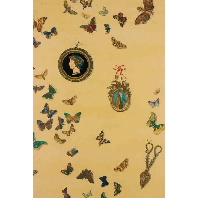 Vintage Panel realized in 1950s. Screen print on wood. Brass frame. Covered with glass. Most probably a unique specimen,...