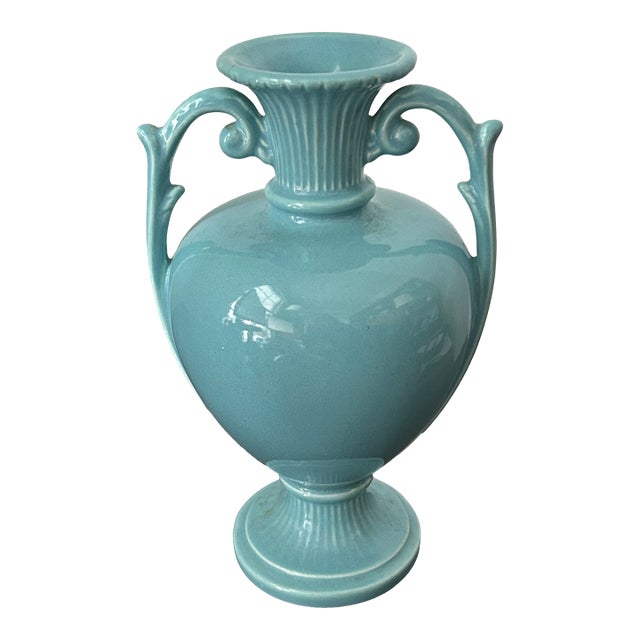 Vintage Royal Haeger Attributed Feather Plume Urn Vase – Mid-Century Turquoise Blue-Green Ceramic, Usa For Sale