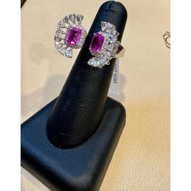 2.5 Ct Pink Emerald Cut Pink Sapphire & 2.8 Ct Diamond 18 Kt White Gold Ring S6 For Sale - Image 10 of 18