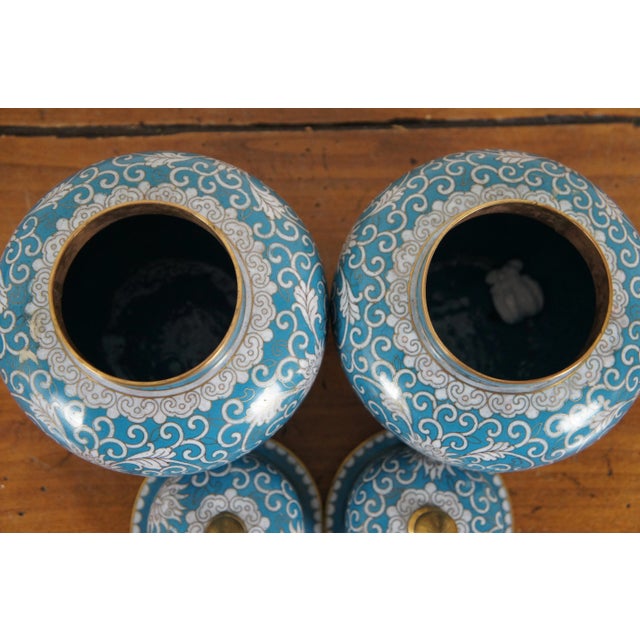 Antique Turquoise Cloisonné Chrysanthemums Lidded Ginger Jar Vase Urn - a Pair For Sale - Image 6 of 12