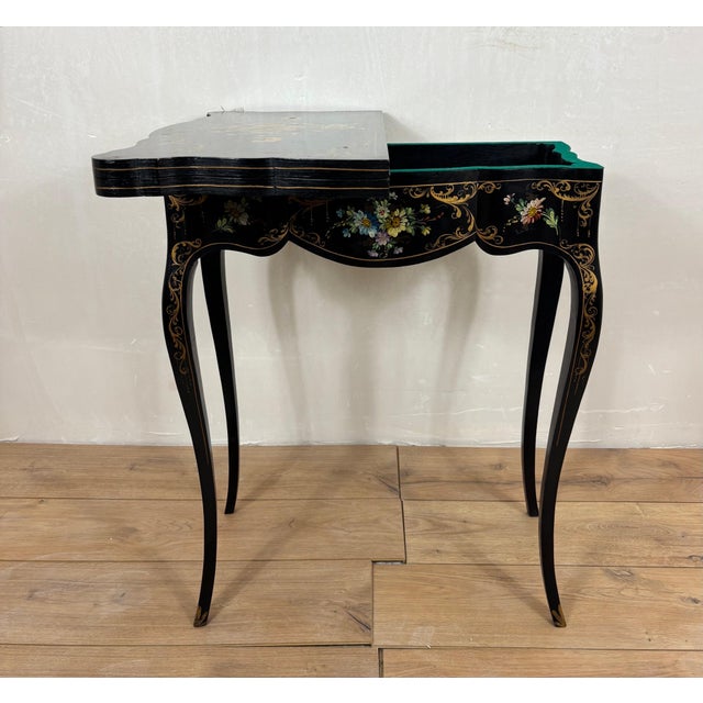 Chinese Black Lacquer Games Table with Hand-Painted Floral Decoration For Sale - Image 14 of 18