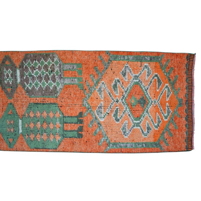 Mythological Runner Rug Hand-Knotted 2'9"x9'6" Vibrant Orange Turkish Rug Kitchen Runner Extraterrestrial Motif For Sale - Image 12 of 14