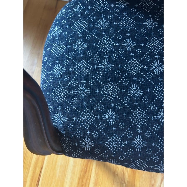 Antique Blue and White Batik Upholstered English Wood Accent Chair For Sale - Image 11 of 16