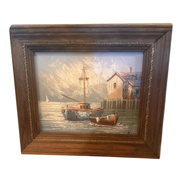 Vintage Oil on Board Harbor Scene Signed Markey For Sale