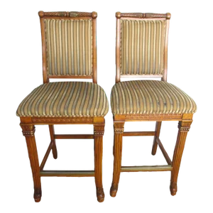 Vintage French Country Acanthus Leaves Design Wood Bar Stools - Set of 2