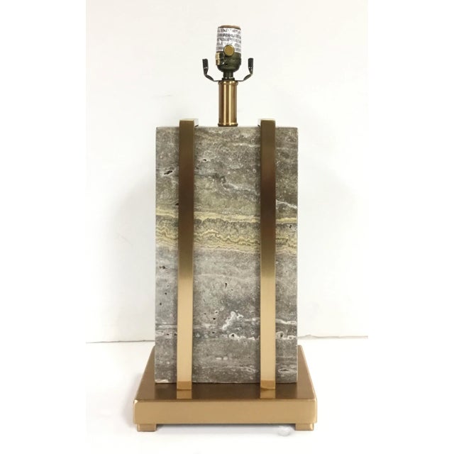 Stylish Modern Gray Marble Slab and Antique Brass Finish Table Lamp, showroom floor sample