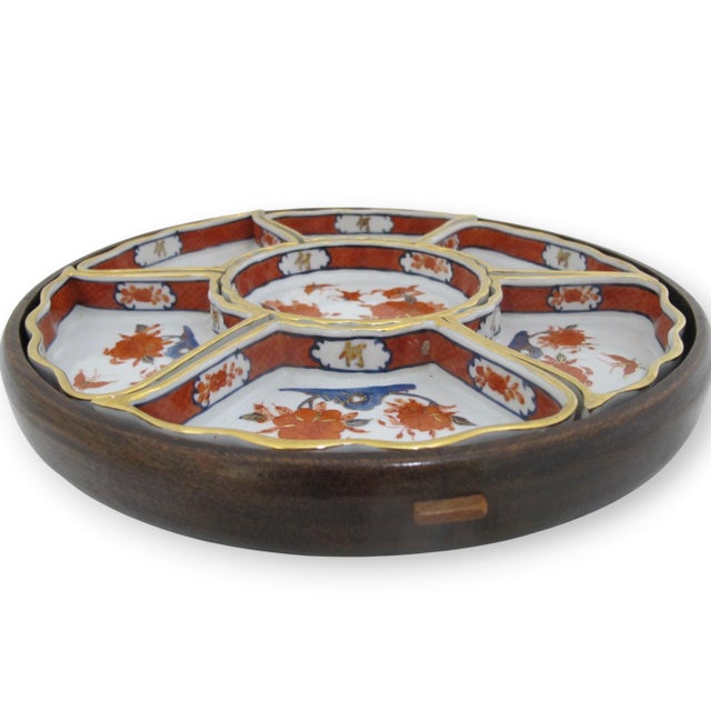 Vintage Japanese Imari porcelain Lazy Susan serving set. Lovely hand-painted floral and butterfly motifs in bright red and...
