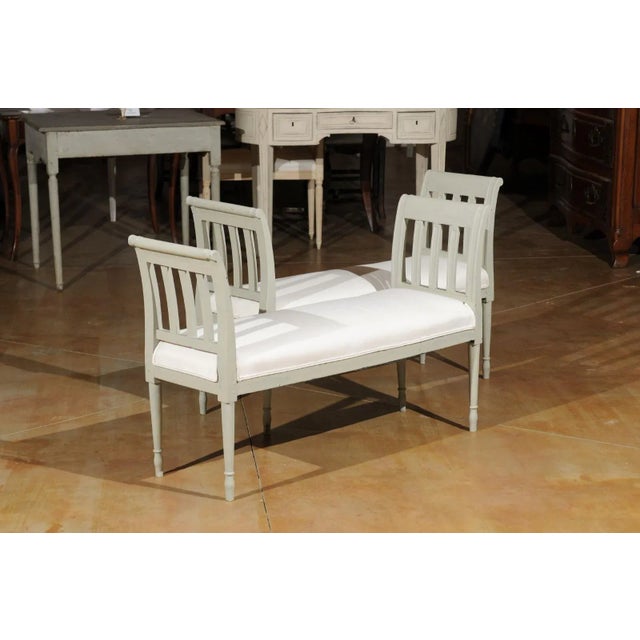 Italian Italian 1890s Painted Wood Classical Bench with Scrolling Arms and Upholstery For Sale - Image 3 of 12