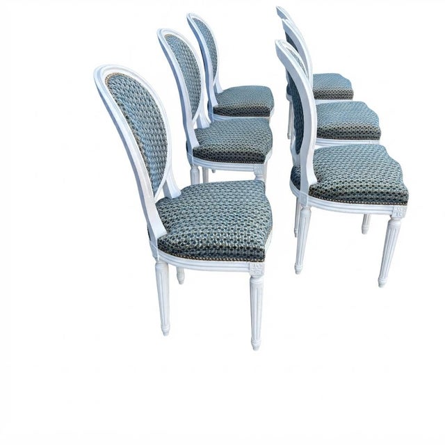 Wood Louis XVI Style Medallion Chairs in Blue Textured Fabric, 1980s, Set of 6 For Sale - Image 7 of 18