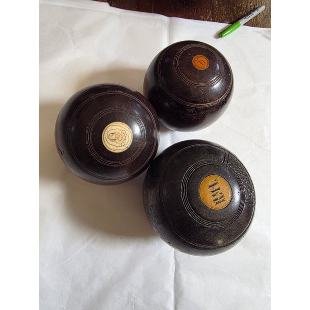 Three Antique Lignum Vitae Lawn Bowling Balls For Sale - Image 10 of 13