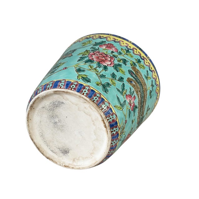 Antique Chinoiserie Famille Rose Porcelain Jardiniere With Turquoise Glaze 8"h For Sale - Image 10 of 12