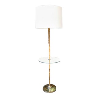 Vintage French Gilt Faux Bamboo Floor Lamp with Glass Table For Sale