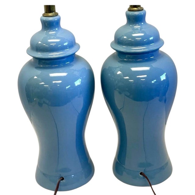 Mid-Century Modern Vintage Mid-Century Modern Glossy Blue Ginger Jar Ceramic Table Lamps - 2 Piece For Sale - Image 3 of 7