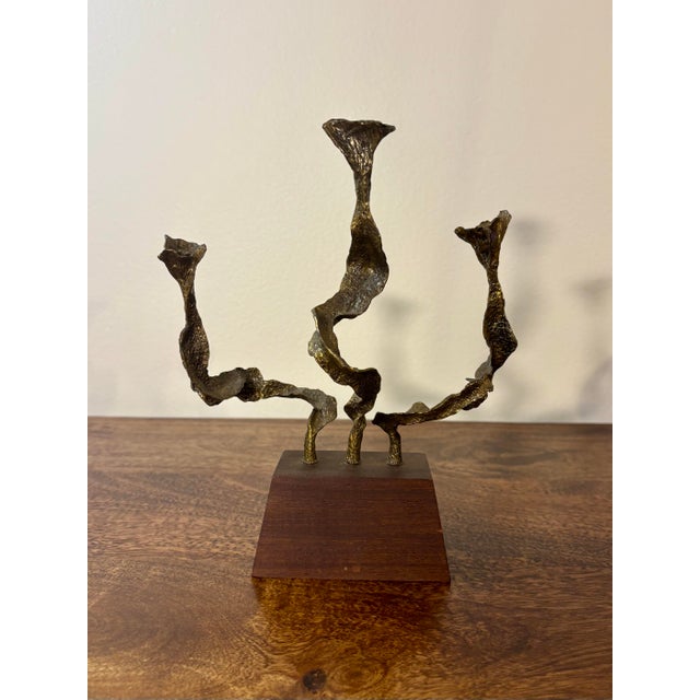 Vintage Brutalist Candelabra by Menachem Berman, Israel, Bronze and Walnut For Sale In Miami - Image 6 of 7