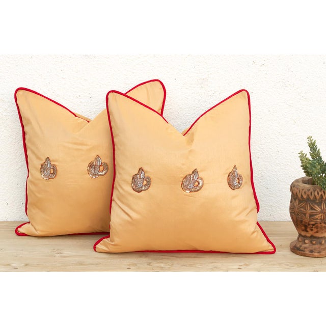 Gold Pair of Naksh Zardozi-Embroidered Silk Pillow Covers For Sale - Image 8 of 8