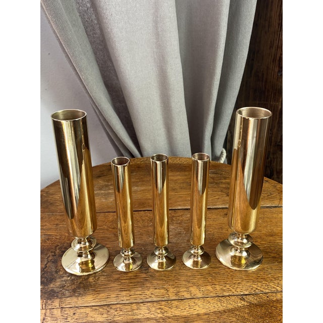 Tubular Candlesticks and Bud Vases in Brass, 1950s, Set of 5 For Sale - Image 3 of 15