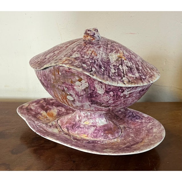Antique early 19th century English George III Wedgwood pink moonlight luster sea shell sauce tureen and under plate circa...