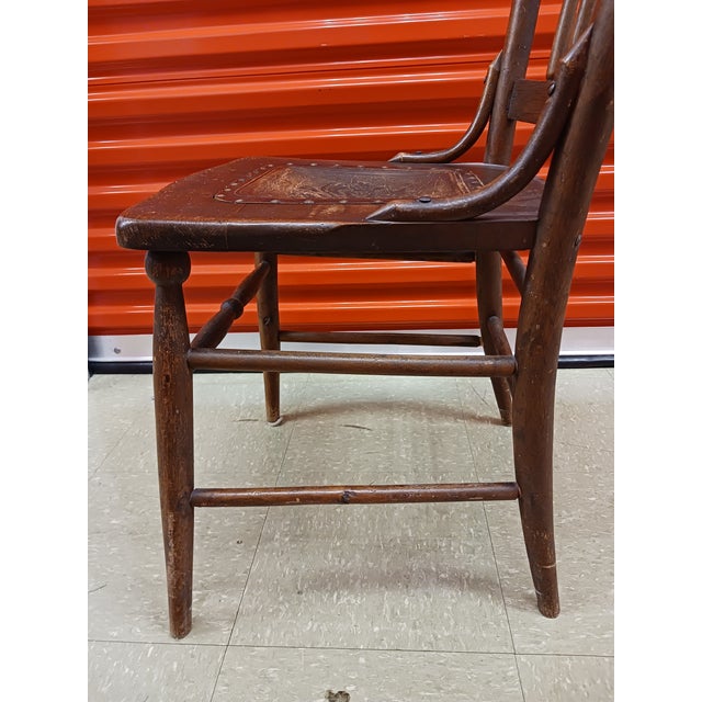 Brown Antique American Pressed Back Oak Dining Chair With Embossed Leather Seat For Sale - Image 8 of 14