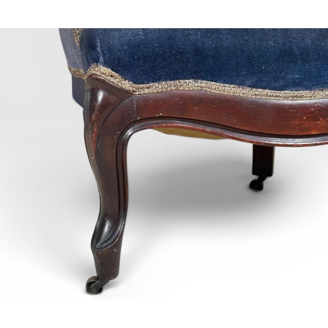 Navy Blue Antique Victorian Walnut Rococo Revival Navy Velvet Parlor Chair For Sale - Image 8 of 12
