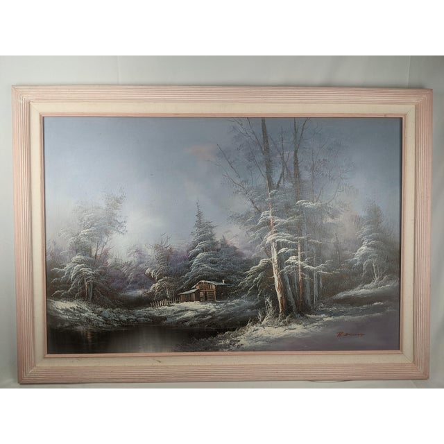 Sky Blue Vintage R. Scott Signed Winter Landscape Original Oil on Canvas, Framed For Sale - Image 8 of 18