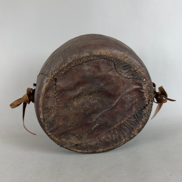 Brown Early 20th Century African Tribal Nomadic Rattan Leather Container Basket with Lid For Sale - Image 8 of 11