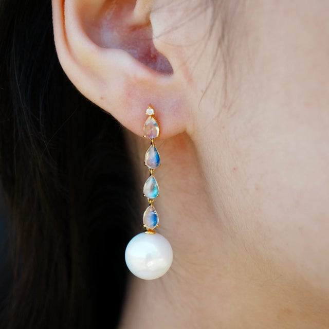 Nina Zhou Jewelry Nina Zhou Rhythm Moonstone Diamond and Pearl Drop Earrings in 14k Gold - A Pair For Sale - Image 4 of 5