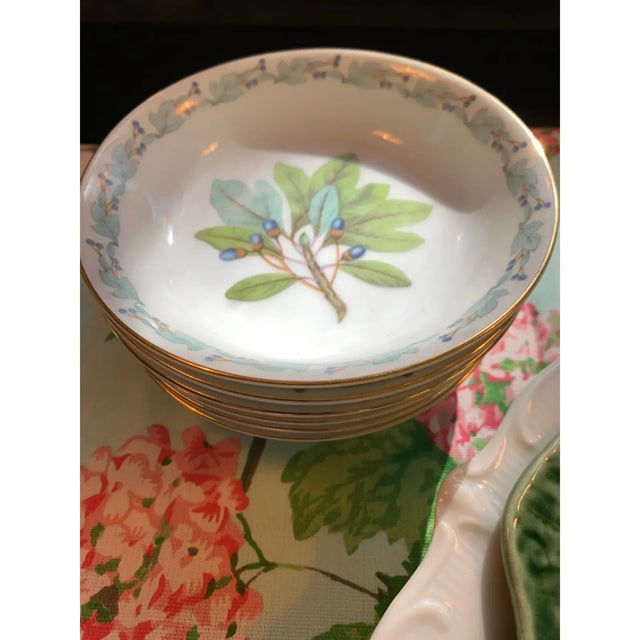 White 1940's Blue & Green Botanical Berry or Dessert Bowls Set of 13 For Sale - Image 8 of 12