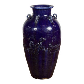 19th Century Large Antique Thai Cobalt Blue Martaban Jar with Raised Motifs For Sale
