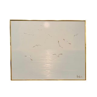 Vintage Lee Reynolds Vanguard Studios Seascape Oil Painting – Mid-Century Modern Coastal Seagulls Over Water, Large Framed Artwork For Sale