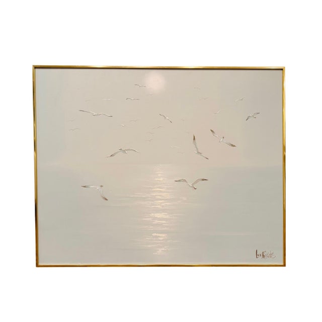 Vintage Lee Reynolds Vanguard Studios Seascape Oil Painting – Mid-Century Modern Coastal Seagulls Over Water, Large Framed Artwork For Sale