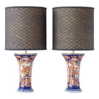 Vintage Delft Imari Ceramic Table Lamps, New Japanese Block Print Lampshades, Set of 2 For Sale