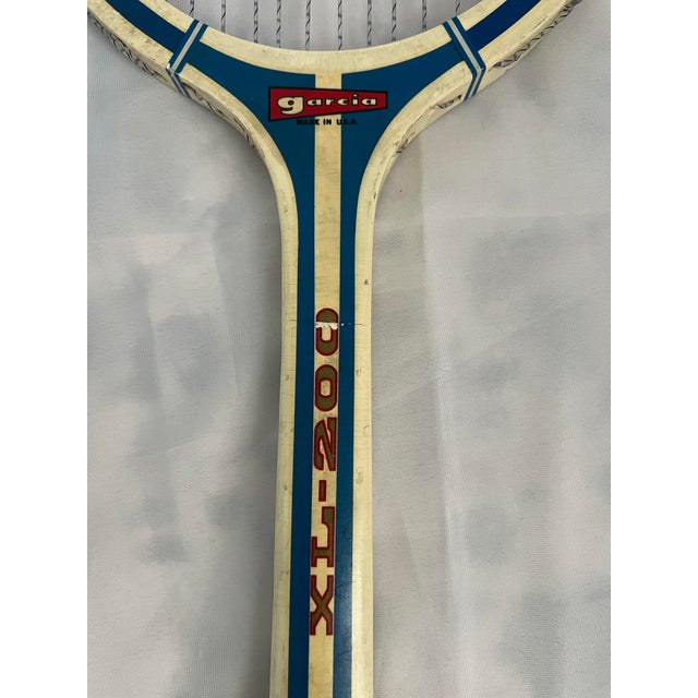 Vintage C1970s Garcia Xl-200 White and Blue Wooden Tennis Racket For Sale - Image 4 of 12