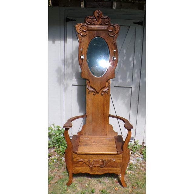 Antique Arts & Crafts Solid Oak Hall Tree Entry Bench Beveled Mirror Coat Rack For Sale - Image 4 of 14