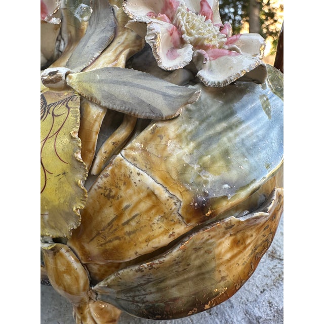 Late 19th Century Pair of Antique French Art Nouveau Barbotine Majolica Vases With Applied Flowers For Sale - Image 5 of 12