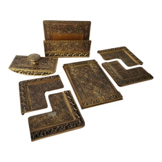 Circa 1915 Tiffany Studios Venetian Pattern Gilt Bronze Writing Desk Set For Sale