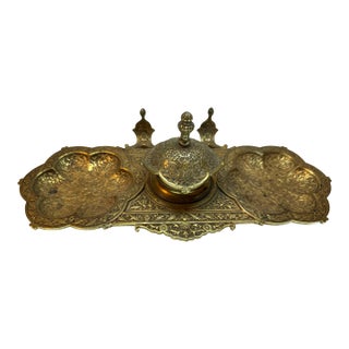 Antique Victorian Rococo Style Heavy Cast Brass Double Inkwell Desk Set With Pen Trays & Letter Slots - Signed R on Base For Sale