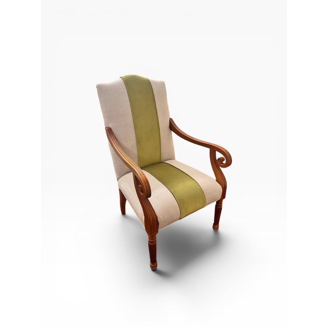 Contemporary Reupholstered Attributed Baker Furniture Milling Road Accent Chair With Embossed Leather Back For Sale - Image 3 of 11