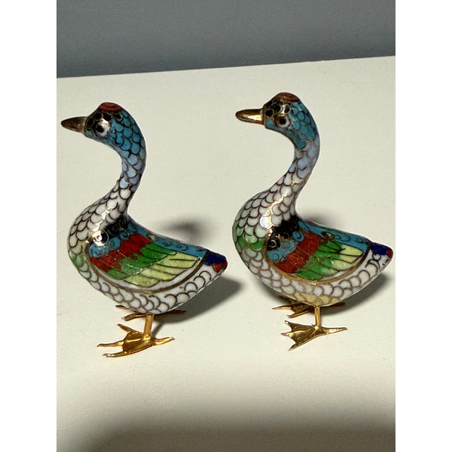 Mid-Century Modern Vintage Hand-Wired Chinese Cloisonne Duck Pair Polychrome Enamel For Sale - Image 3 of 9