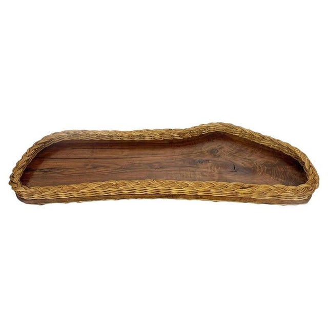 Vintage French Tray in Olive Wood and Rush, 1960 For Sale - Image 16 of 16
