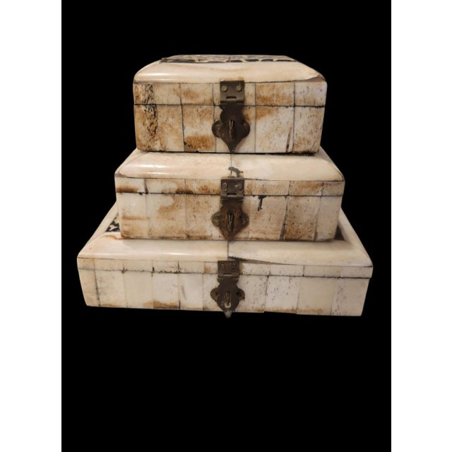 Tan Vintage Set Camel Bone Inlay Rectangular Leopard Top Brass Front Trinket Boxes- Set 3 For Sale - Image 8 of 8