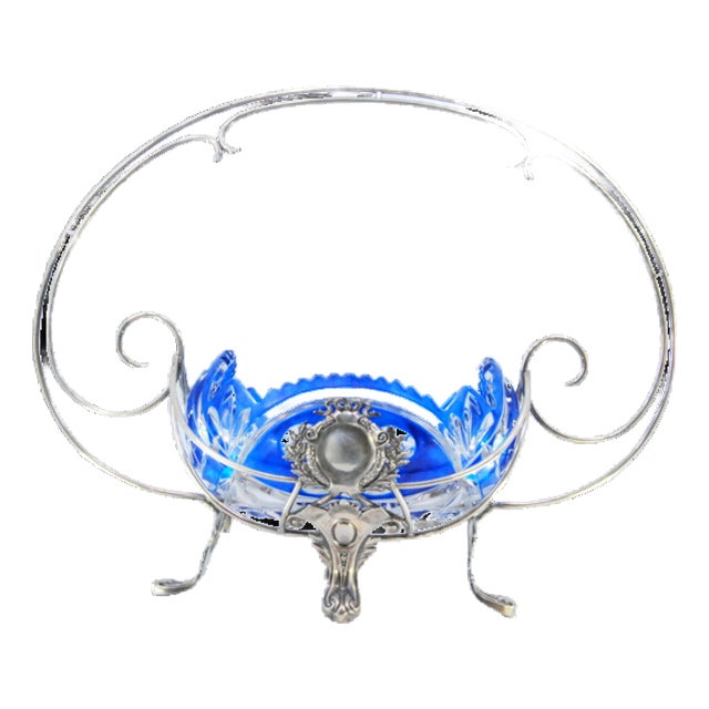 Fruit Bowl Centerpiece with Silver Structure, Scrollwork and Cut Glass Core For Sale