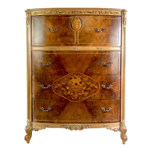 Vintage French Louis XV Floral Satinwood Inlaid Mahogany Tall Cabinet Dresser
