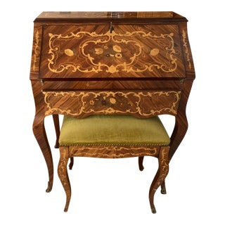 1970s Victorian Italian Desk With Stool - Set of 2 For Sale