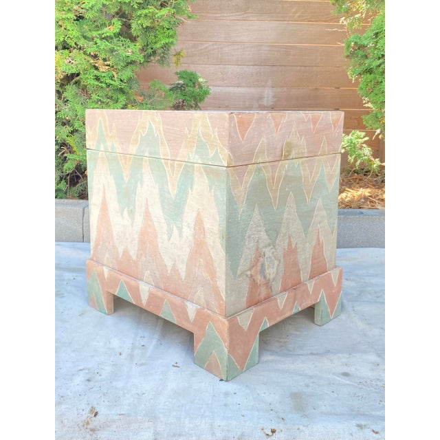 Postmodern Vintage Hand-Painted Flame Chevron Wood Box on Stand For Sale - Image 3 of 11