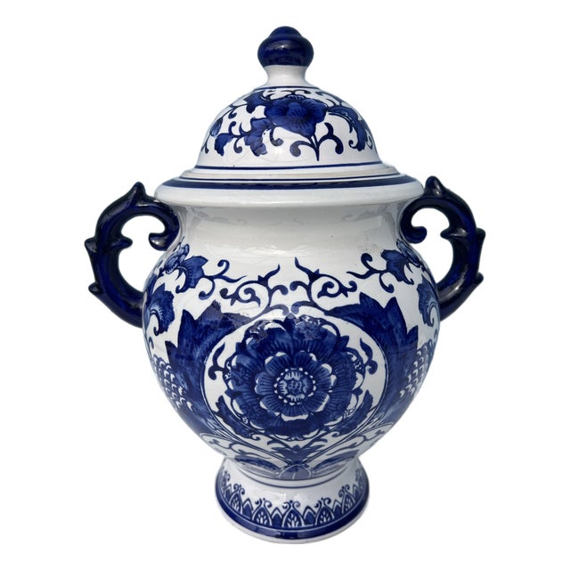 Blue & White Floral Double Handle Ginger Jar For Sale