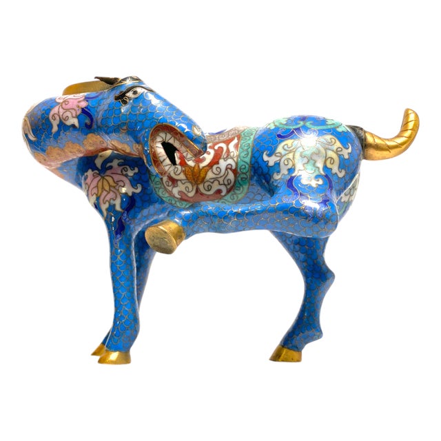 Vintage Chinese Cloisonné Horse Figurine Enamel Brass Statue Blue Red Gold 8.5" For Sale - Image 9 of 15