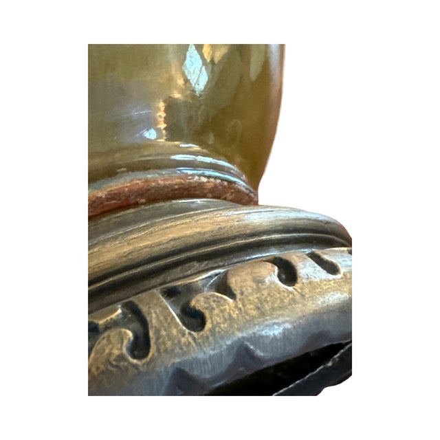 Olive Vintage Neoclassical Stoneware Urn Lamp With Cast Metal Base and Handles For Sale - Image 8 of 9