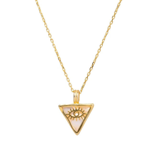 Pearl & Gold Triangle Pendant Evil Eye Talisman Necklace For Sale In Miami - Image 6 of 11
