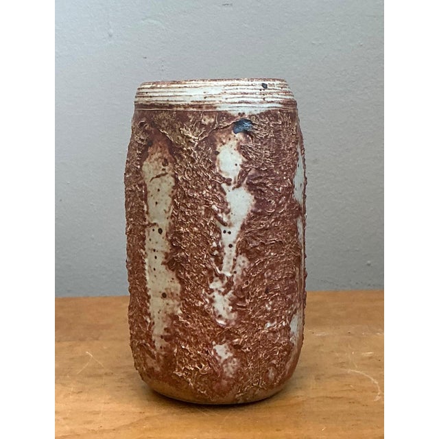 Ceramic Vintage Brown Textured Studio Pottery Vase For Sale - Image 7 of 12
