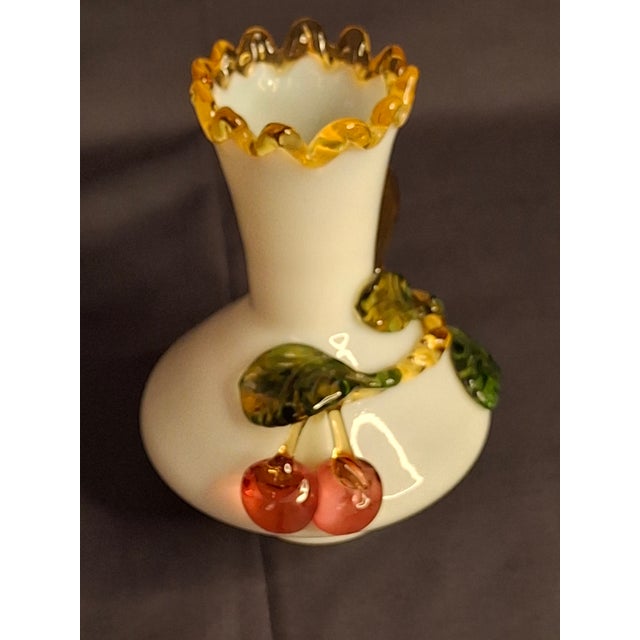 Late 19th Century Antique Stevens & Williams Uranium Custard Glass Vase Applied Fruit Cherries 5" C. 1880 For Sale - Image 5 of 18